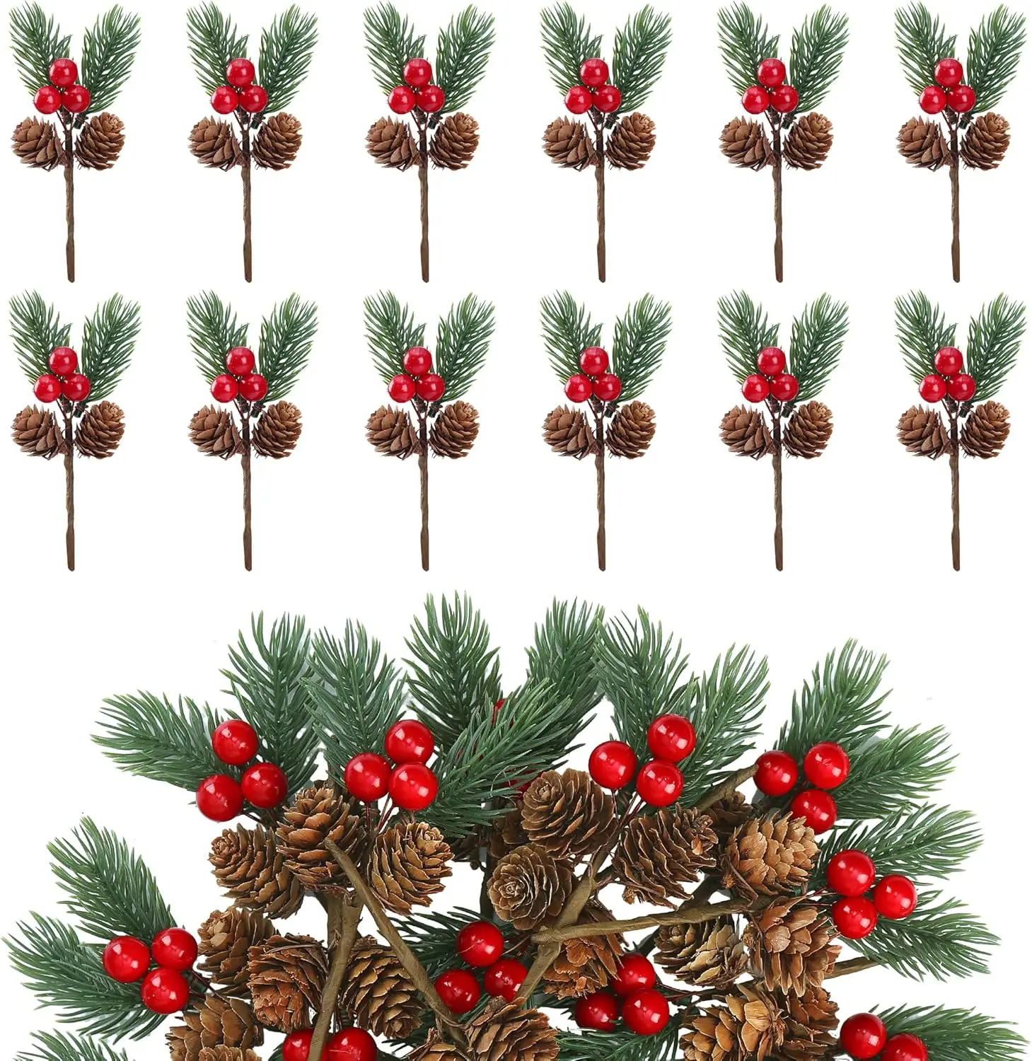 

24 упаковки искусственных рождественских сосновых ветвей с ягодами и шишками для дерева, венок, декор своими руками