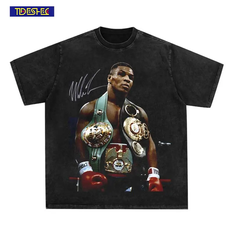 American Style Vintage 2023 Washed Short Sleeve Men Fashion Cotton Hip Hop T-shirts Boxing King Portrait Print Summer Tees Women