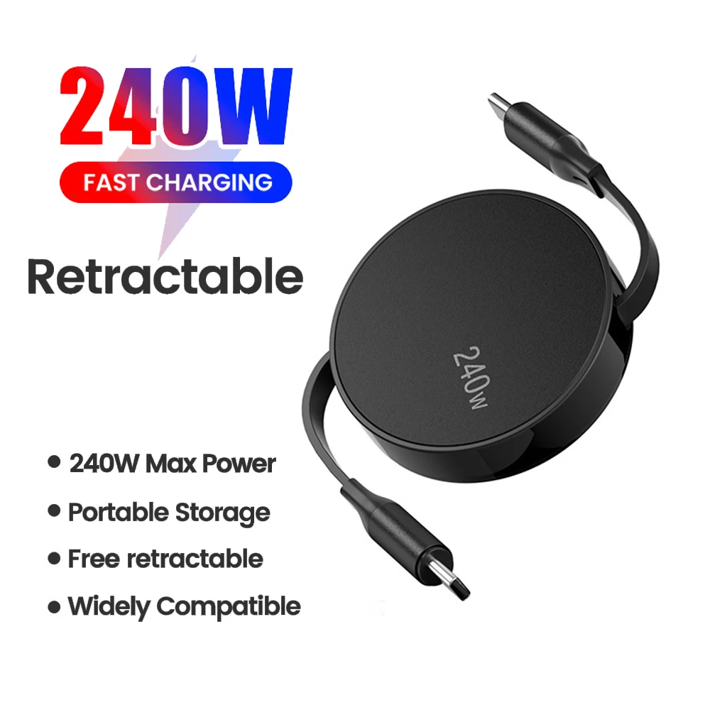 Portable Retractable PD 240W USB C Cable Fast Charging Type C to Type C Data Cord for MacBook Pro iPhone 17 16 Samsung XiaoMi