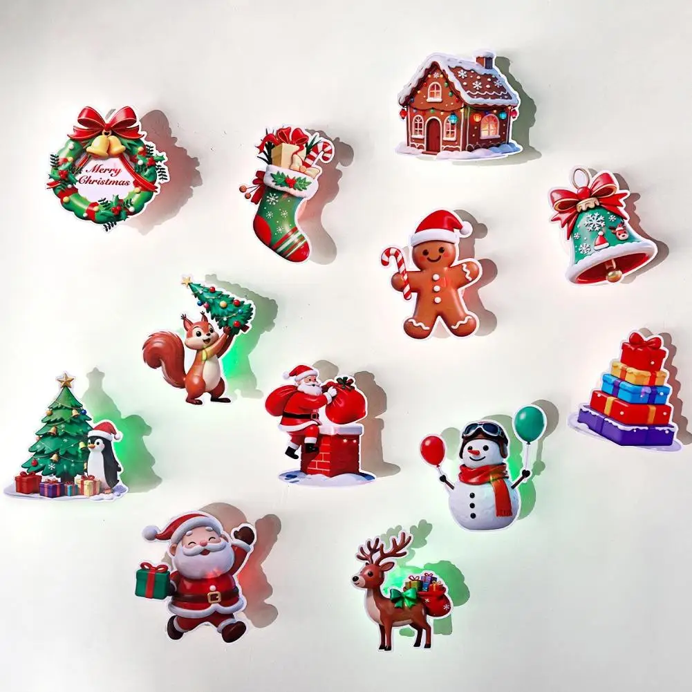 Luminous Christmas Window Stickers Set LED Light Up Wall Decals Santa Snowflake Gingerbread Man Home Window Party Decor