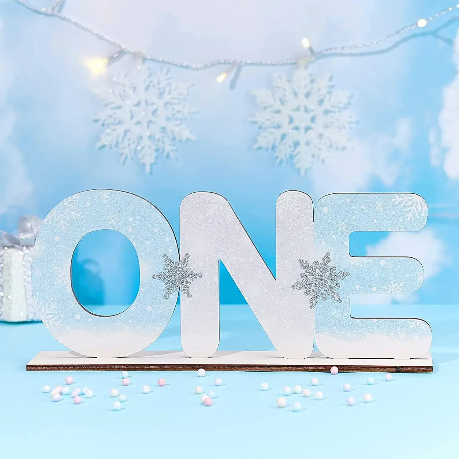 Snowflake Letter One Logo Wooden Center Desktop Decoration Winter Onederland First Birthday 3D Table Flash Snowflake Decoration