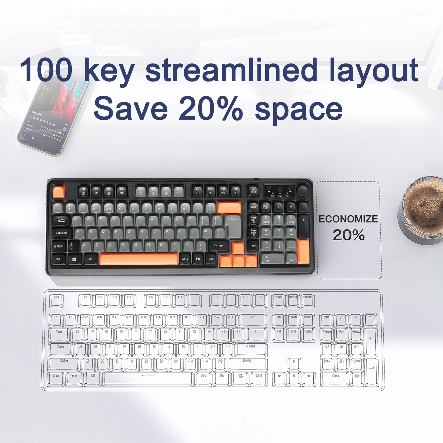 100-Key Wired Keyboard with British Layout Volume & Control Knob, Ergonomic Stepped Curve USB Wired Keyboard for PC/Mac/Laptop