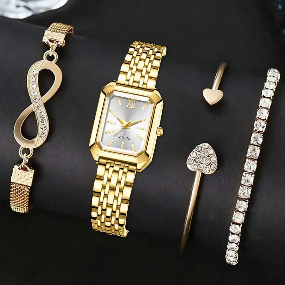 Golden Roman Square Watch Unlimited Bracelet Love Double Opening Bracelet Water Diamond Chain Set for Women