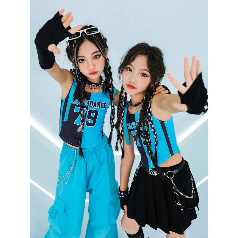 الفتيات Kpop ملابس رقص الجاز زي الاطفال الأزرق سترة السراويل تنورة باردة الهيب هوب الملابس المراهقين الحفل مرحلة الأداء الدعاوى