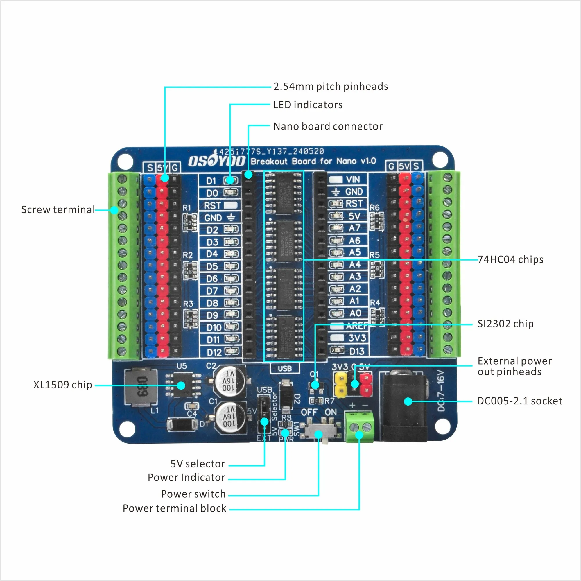 OSOYOO Nano IO Shield Breakout Board with GPIO Status LED