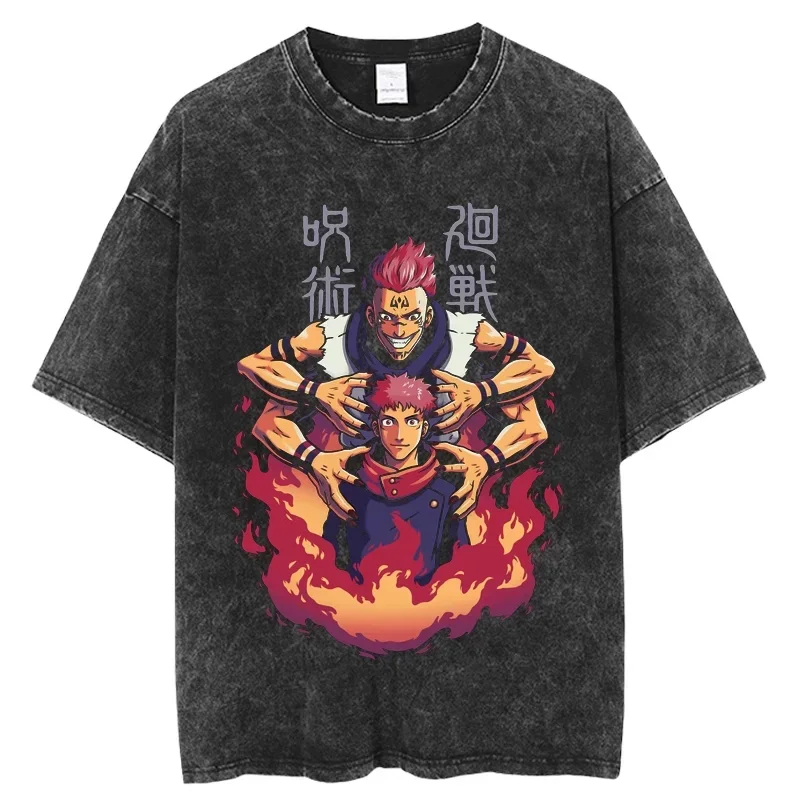 Jujutsu Kaisen Gojo Geto Yuji Trio Poster Printed T-shirt Men's and Women's Washed T-shirt High Quality Vintage Cotton T-shirt