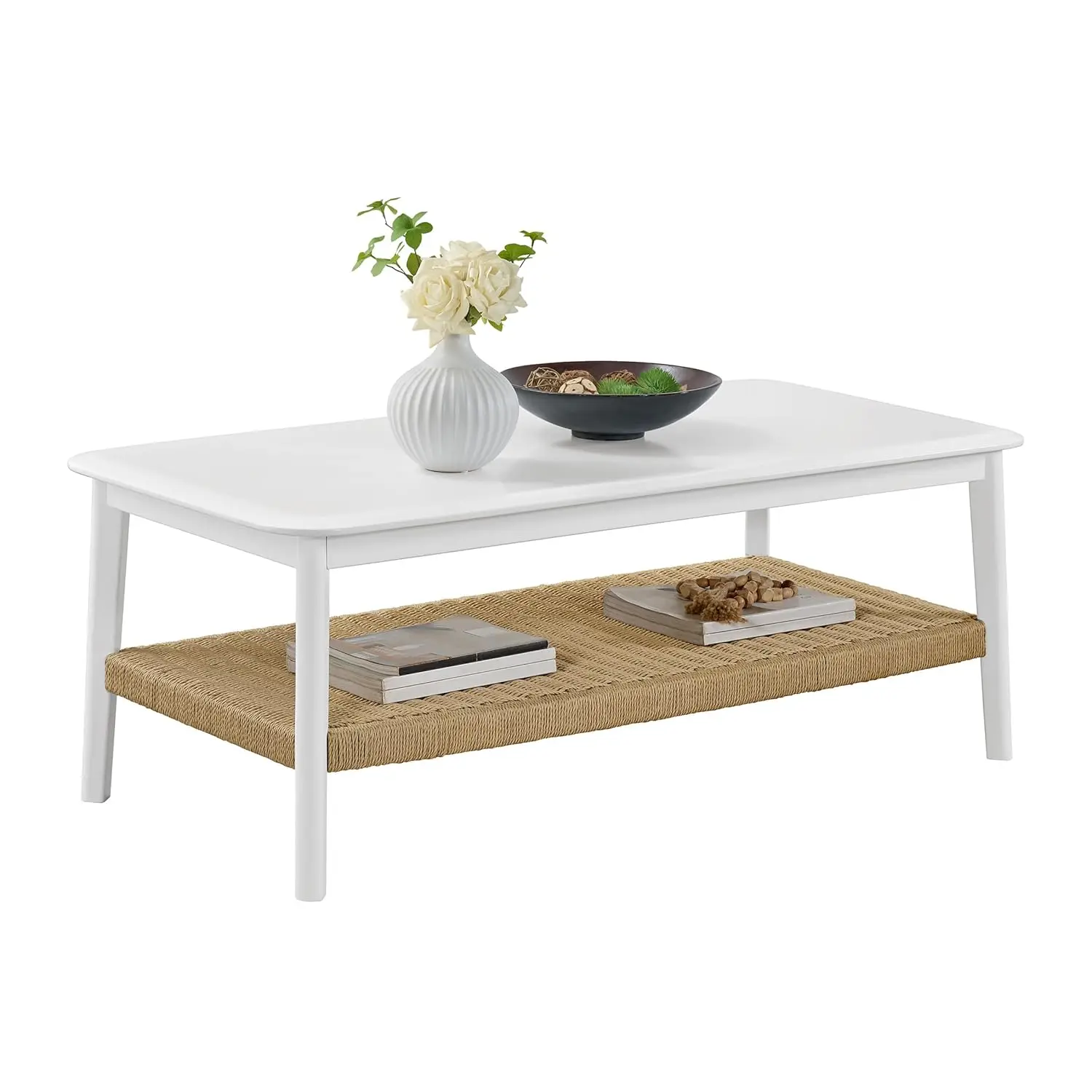 

Прямоугольный деревянный кофейный столик 48 дюймов с плетеной полкой для хранения – в стиле середины века, на заказ