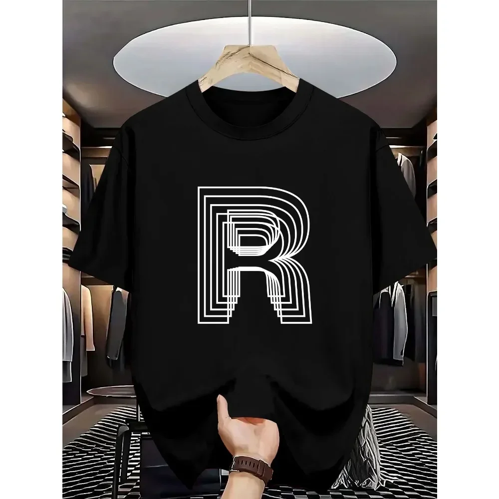 

Men'S Casual Summer T-Shirt with Geometric "R" Print - Soft, Breathable Polyester, Round Neck, Perfect for Gym & Everyday Wear,