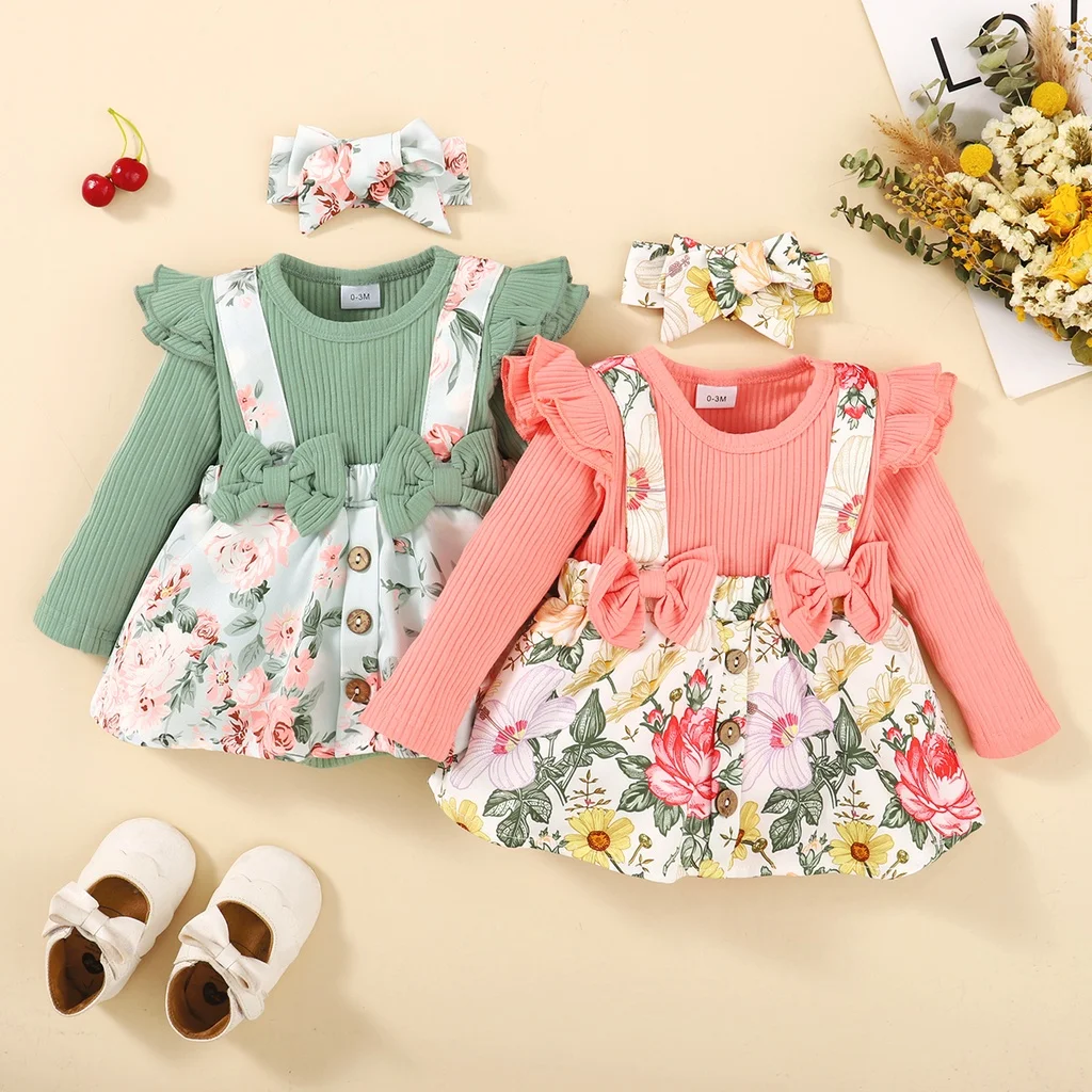

2PCS Newborn Baby Girl Clothes Long Sleeve Bodysuit Flower Dress+Headband Cute Fall Outfits for Infant Girl 0-18 Months