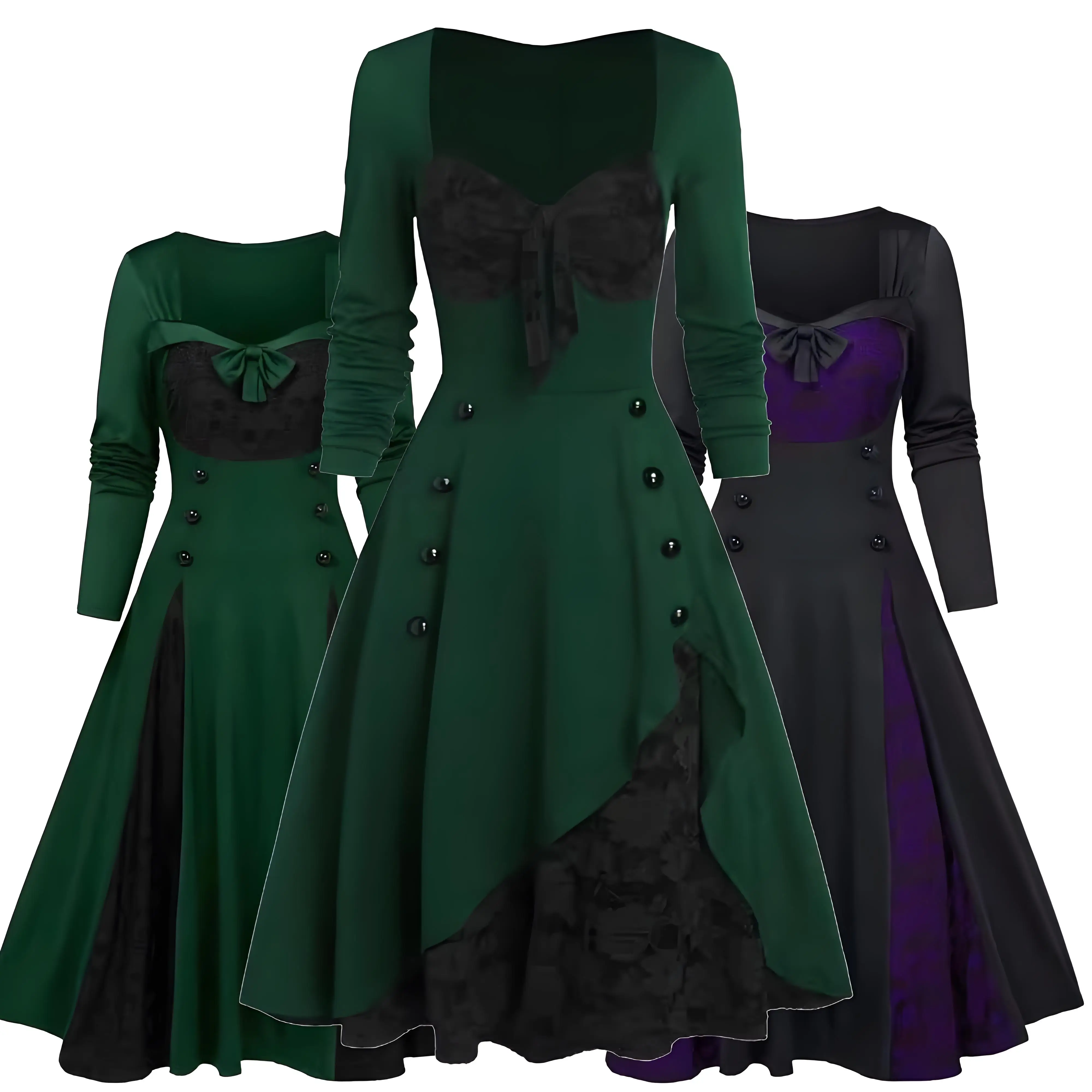 القوطية فساتين النساء طويلة الأكمام المنخفضة قطع الدانتيل الربط فستان طويل كرنفال حفلة الشرير المحكمة نمط التعادل الخصر ألف خط فستان ماكسي #1