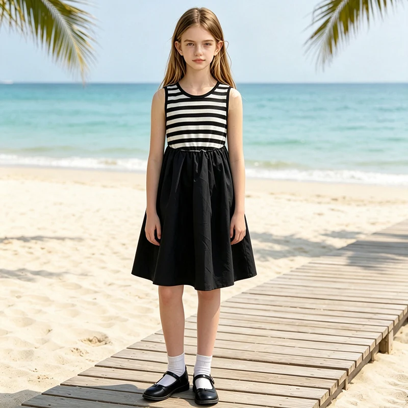 Girls 8‑12Y Summer Sleeveless Dress Striped Knit Bodice Patchwork Flowy A‑Line Skirt Round Neck Casual Kids Daily Sundress