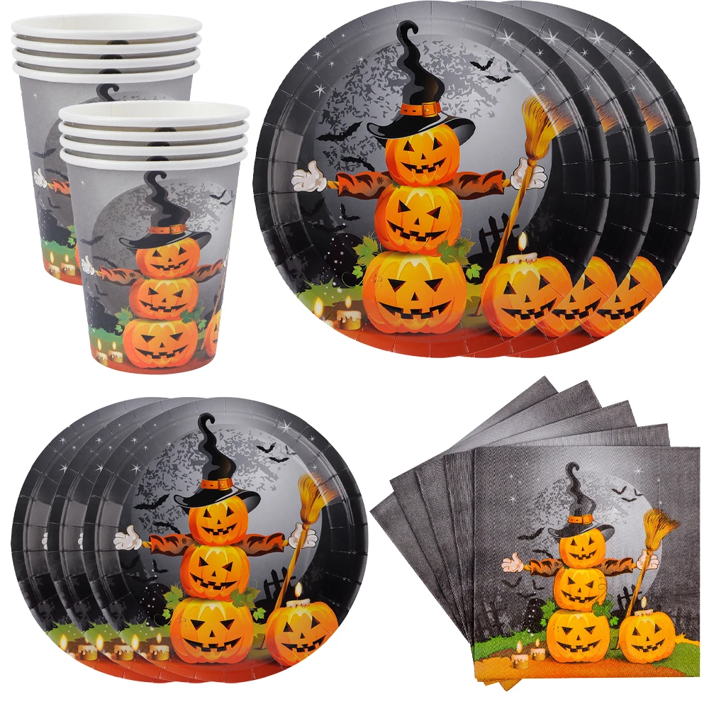 

90Pcs Halloween Pumpkin Tableware Set Disposable Party Plates Cups Napkins Spooky Themed Decors Holiday Festival Party supplies