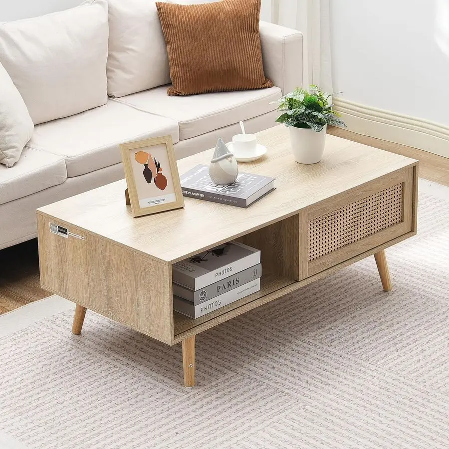 Rattan Coffee Table, Mid Century Modern Table, Rectangle Wood Table, 42 Inch Modern Boho Style Two Layers Storage Coffee Table,
