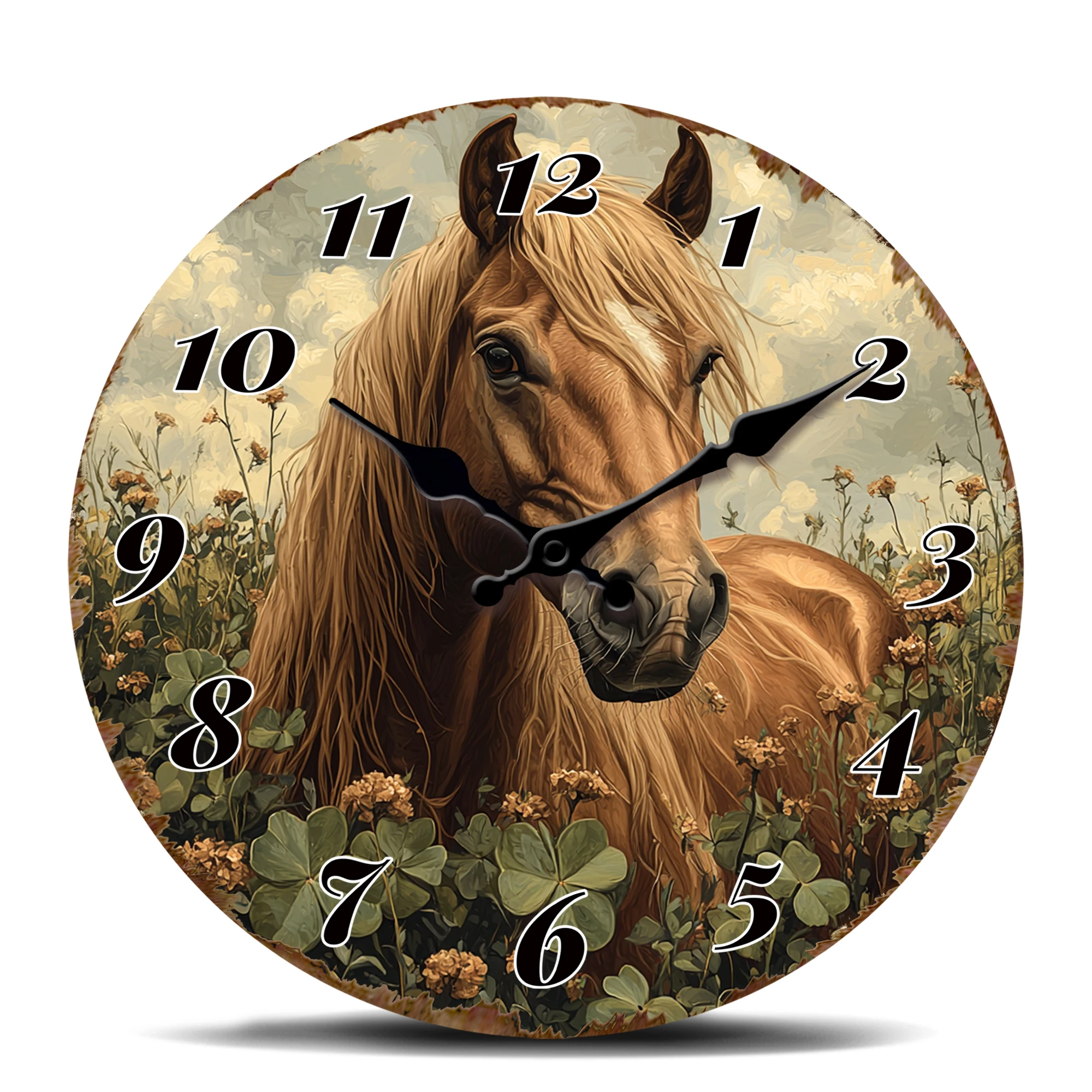 Beautiful Horse in Field Round Wall Clock, Elegant Equine Art Decorative Timepiece for Living Room, Pastoral-Themed Hang Clock w