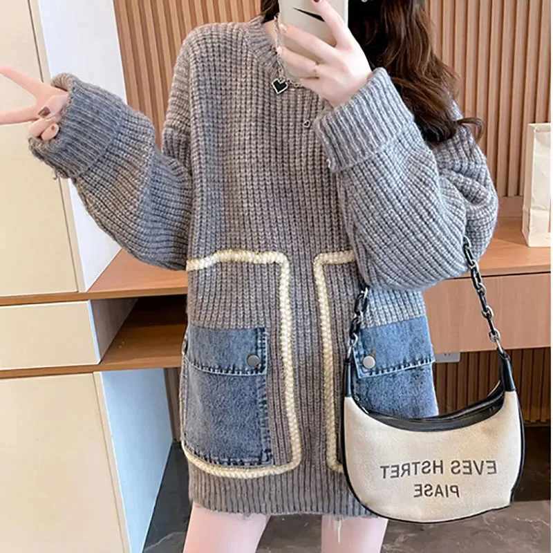 

New Women's Loose Pullover Sweater Coat Autumn Winter Warm Denim Pocket Long Knitted Bottoms Female Casual Knitwear Coats O Neck