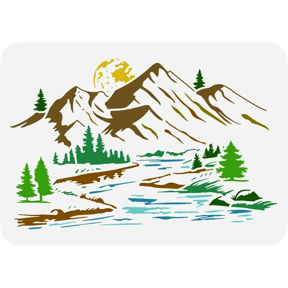 Mountain Stencil 8.3x11.7inch Reusable River Nature Scenery Painting Template DIY Craft Pine Tree Moon Landscape Decoration