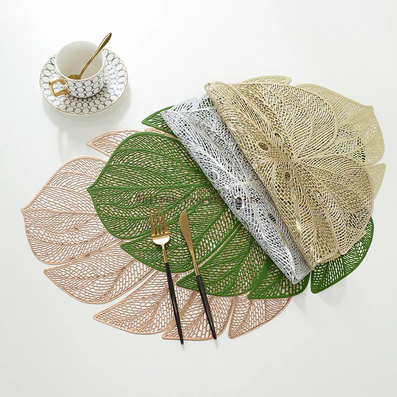 4PCSGilding PlacematpvcHeat Proof Mat Creative Style Monstera Western-Style Placemat Anti-Scald Insulated Dining Table Mat