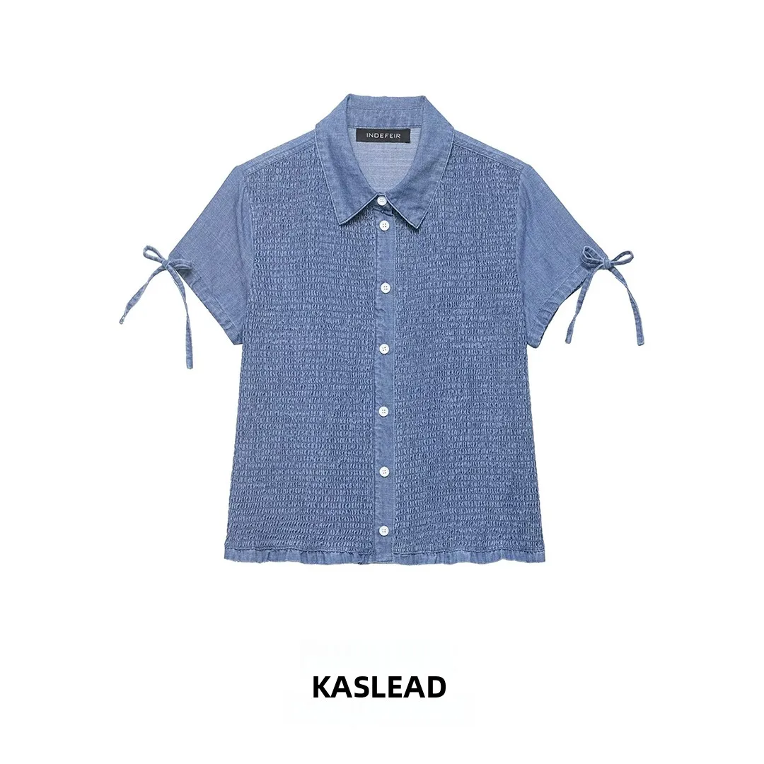 

KASLEAD New Fashion Honeycomb Texture Denim Shirt Women's Loose Fit Short Sleeve Breathable Polyester Spring Season