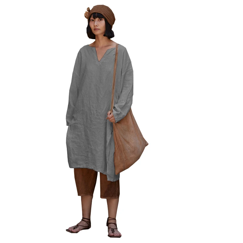 Robe en lin à manches longues pour femmes, pull gris haut de gamme, jupe de loisirs en plein air, grande taille, t-shirt simple, printemps et été