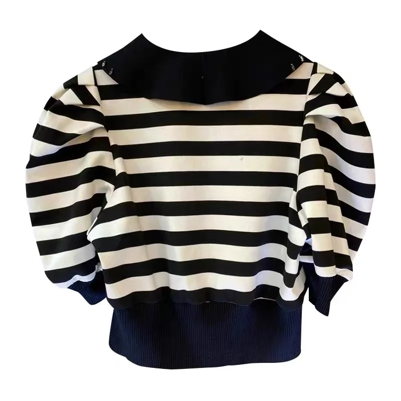 2024 Summer Striped Sweater Tees Women Knit T-shirt Pullovers Puff Sleeve Fashion Stylish Chic Ladies Knitwear Jumpers Crop Tops