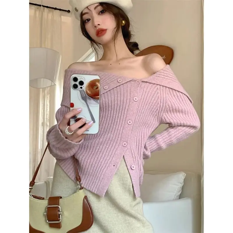 Women Sexy Off Shoulder Chic Sweet Y2K Asymmetrical Rib Knitted Sweater Korean Fashion Casual Solid Slim Long Sleeve Outerwears