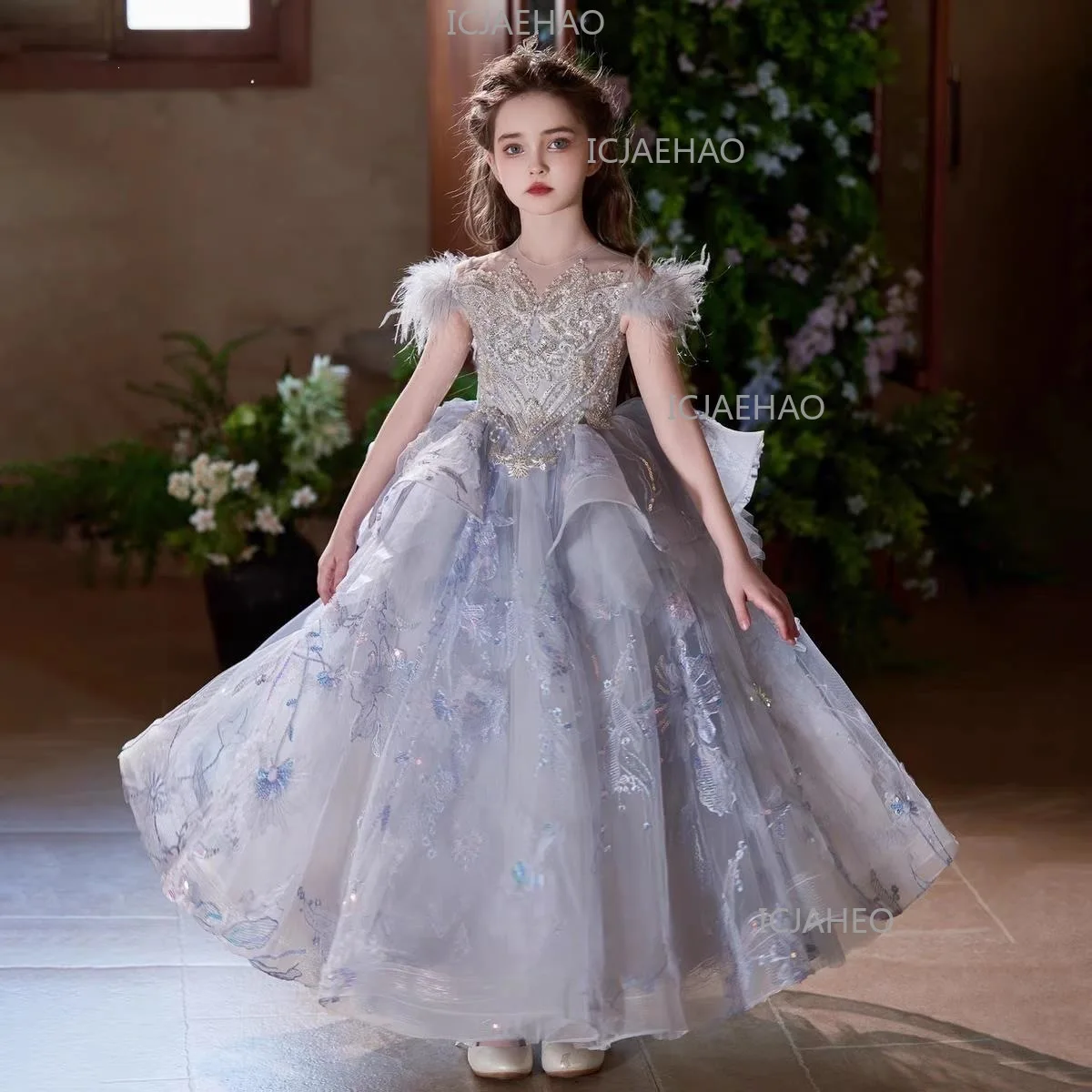 Gorgeous French Heavy-Duty Girls Evening Dress, Princess Gown For Little Girls Birthday, Host, Piano Performance Kids Costume