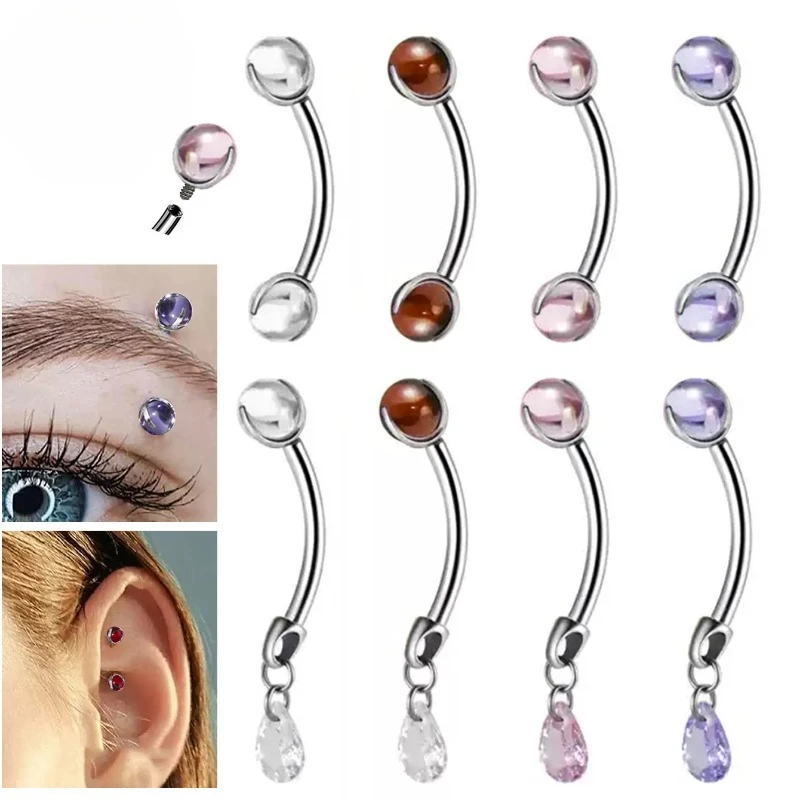Ins Minimalist Titanium Internal Thread Glass Bead Curved Barbell Eyebrow Stud Drop Zircon Pendant Cartilage Piercing Jewelry