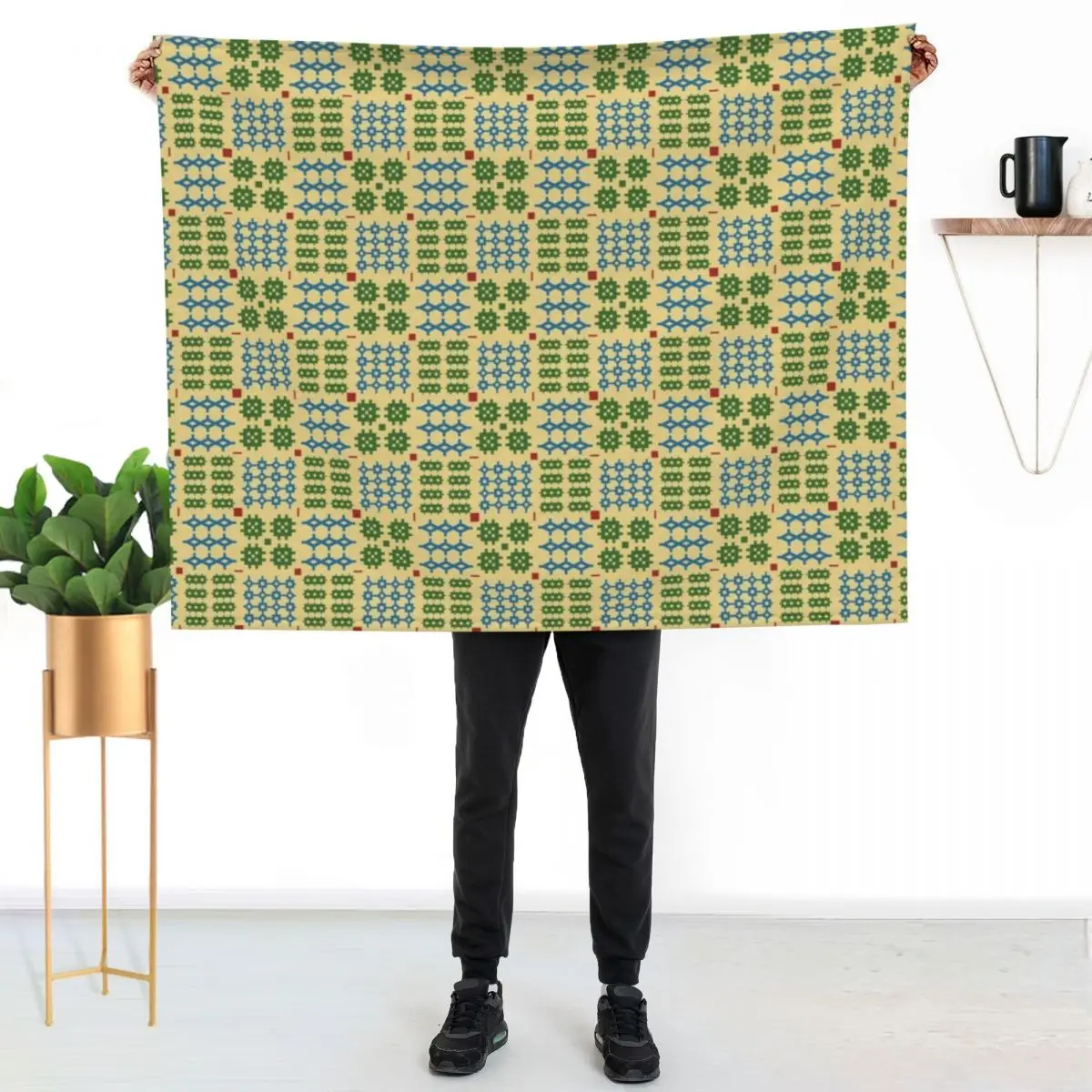 Welsh Tapestry Pattern, Carthen Cymraeg, Cymreig (green and blue) Throw Blanket Weighted Large Baby Blankets