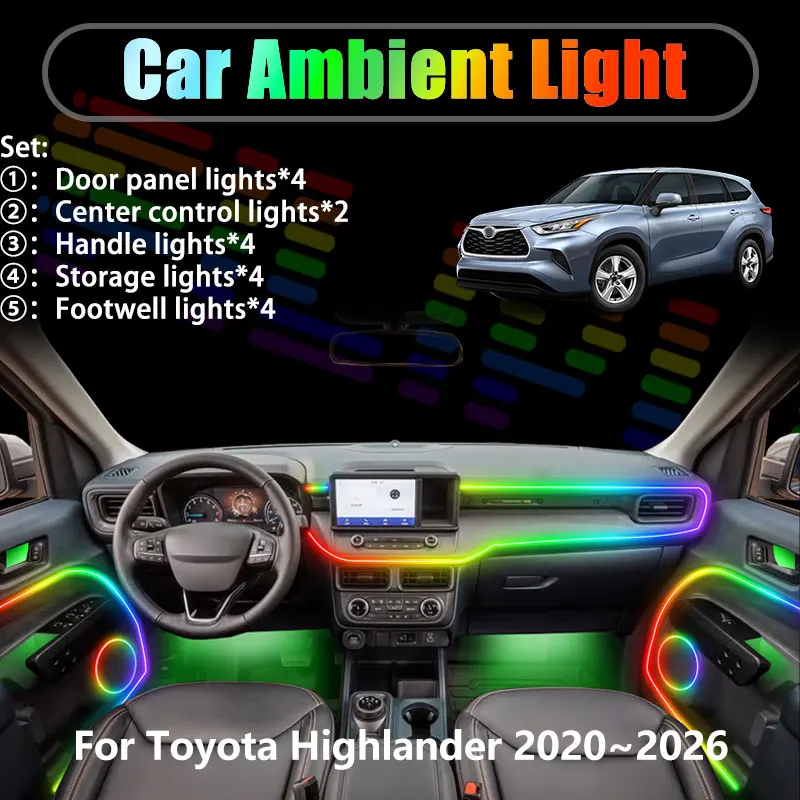 

For Toyota Highlander 2020~2026 MK4 XU70 2/18 in 1 Car ambient lighting Led trunk interior led lights USB RGB Ensemble Streamer