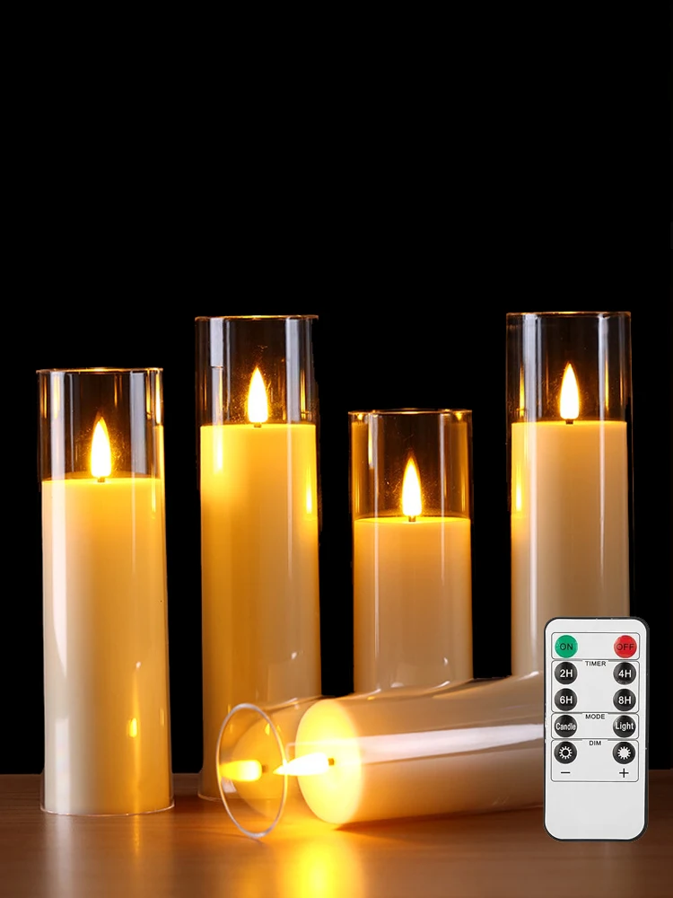 3/5x Vlamloze LED-kaars & afstandsbediening Timer Op batterijen werkende acryl transparante pilarenwas, draagbare sfeerlamp voor kerstdecoratie - afbeelding 2