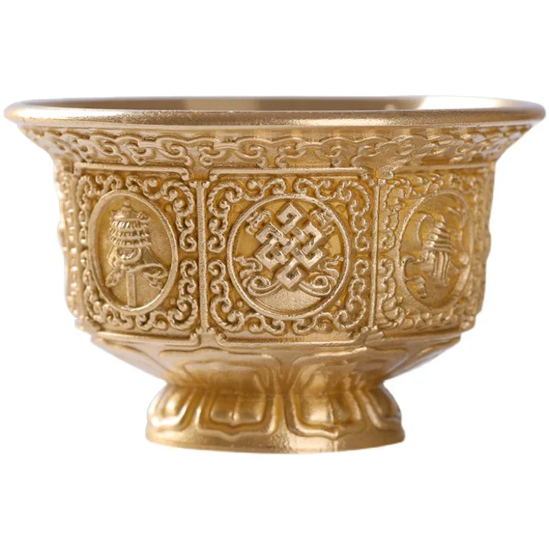 Brass Eight Auspicious Symbols Water Cup Household Offering for Buddha Holy Grail Guanyin God of Wealth