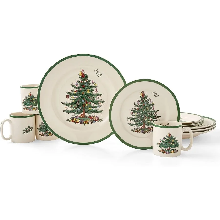 

Christmas Tree 12Piece Dinnerware Set Service for 4 Festive Holiday Tableware Collection with Plates and Mugs Fine Earthenware