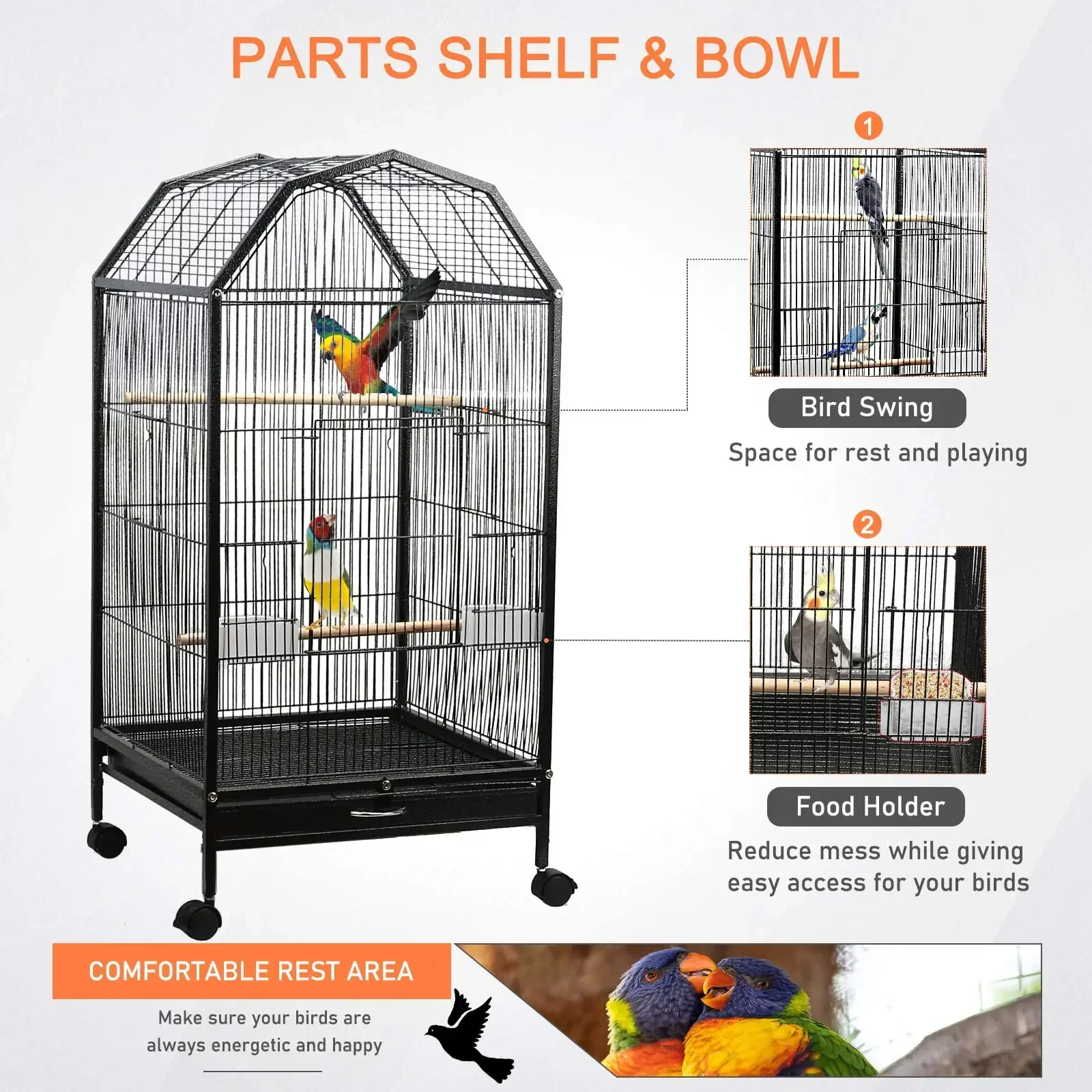 Parakeet Big Large Metal Bird Cage with Rolling Stand Pet Bird Flight Cages for Canary Macaw Finch Budgie Cockatiels Parrot