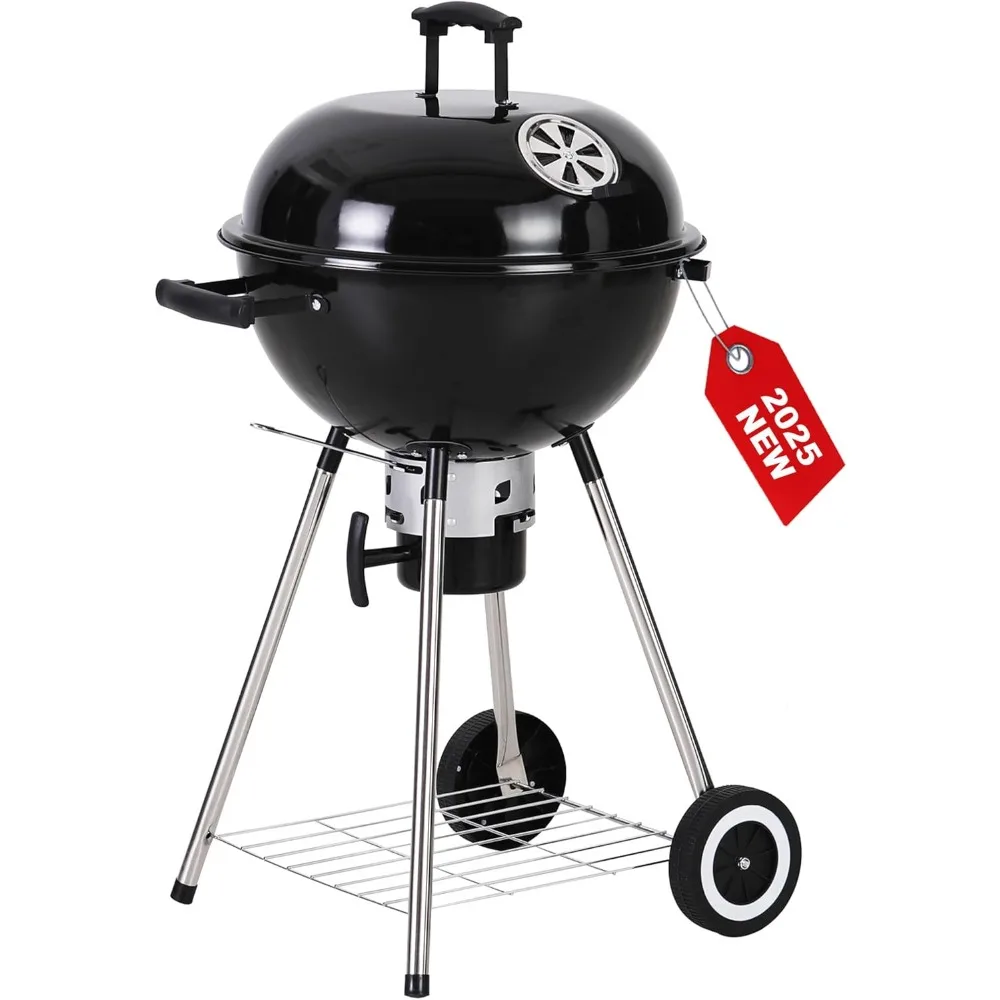 

Kettle Charcoal BBQ Grill with Wheels, Portable Charcoal Grill with Porcelain-Enameled Lid & Ash Catcher