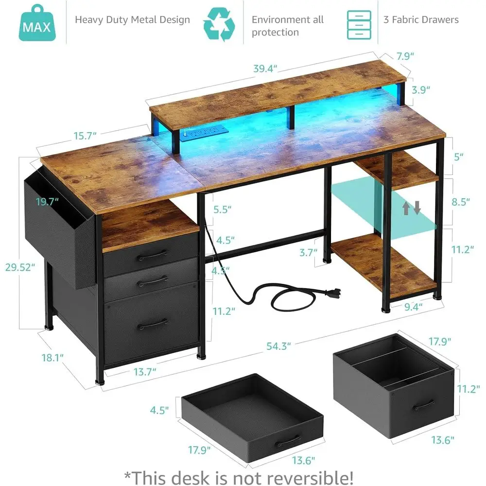 LED-lit 55 Computer Desk with Power Outlets, Fabric Drawers, and Monitor Stand for Home Office in Rustic Brown