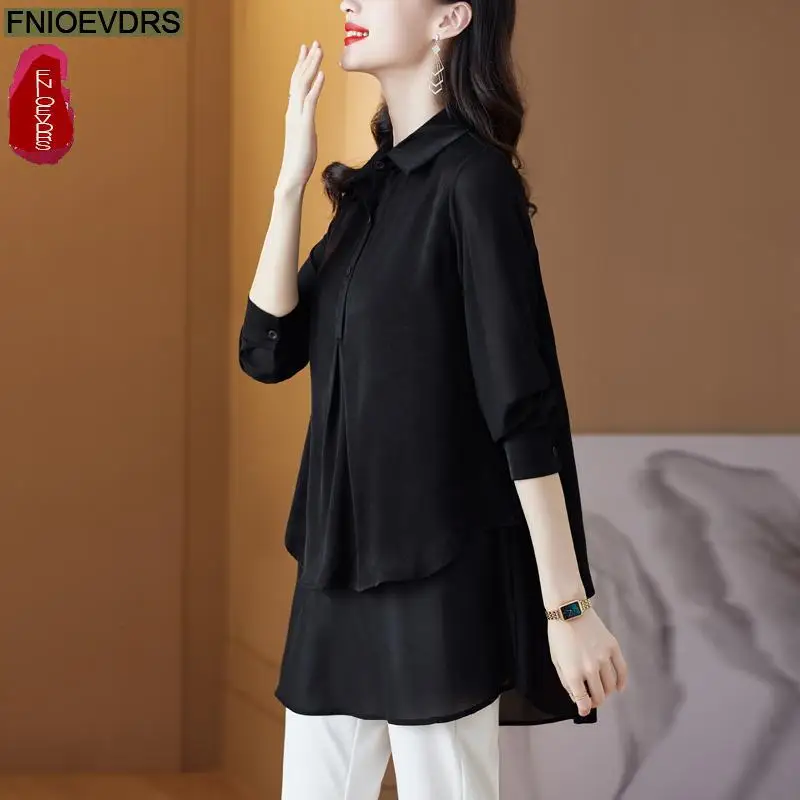 M-3XL 2023 Women European Style Fashion Elegant Office Lady Work Button Shirt Casual Black Robe Tunic Peplum Tops And Blouses