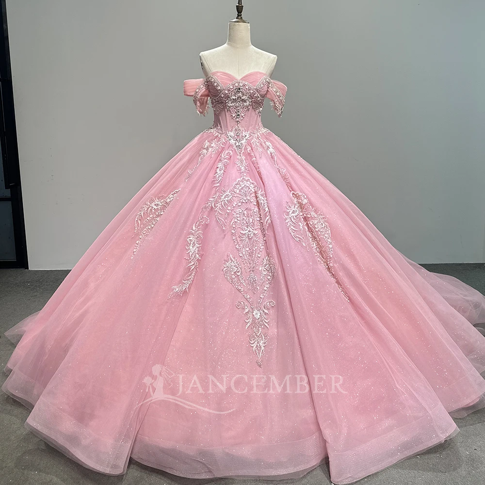 

Ivory Princess Ball Gown Sweet 16 Quinceanera Dresses Short Sleeves Customized Ball Gown Shiny Tulle Vestidos De 15 Años