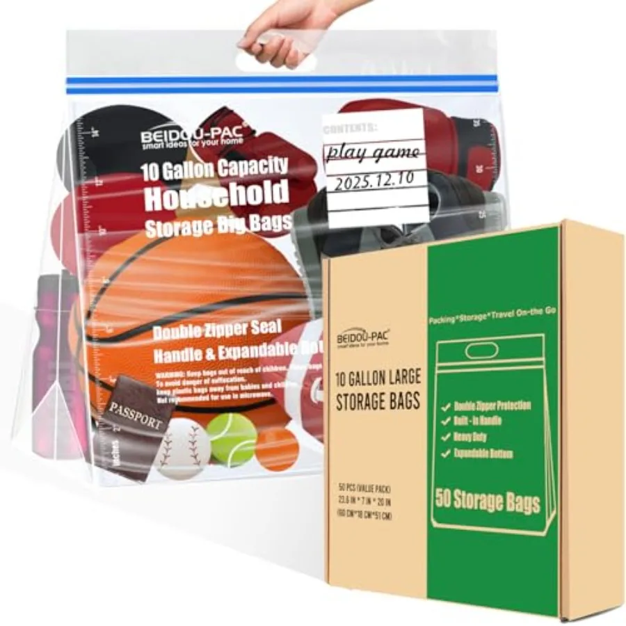 

10 Gallon Large Storage Bags with Handle 50 Counts Double Zipper Seal Expandable Bottom Resealable Clear Zip Bags for Home Orga