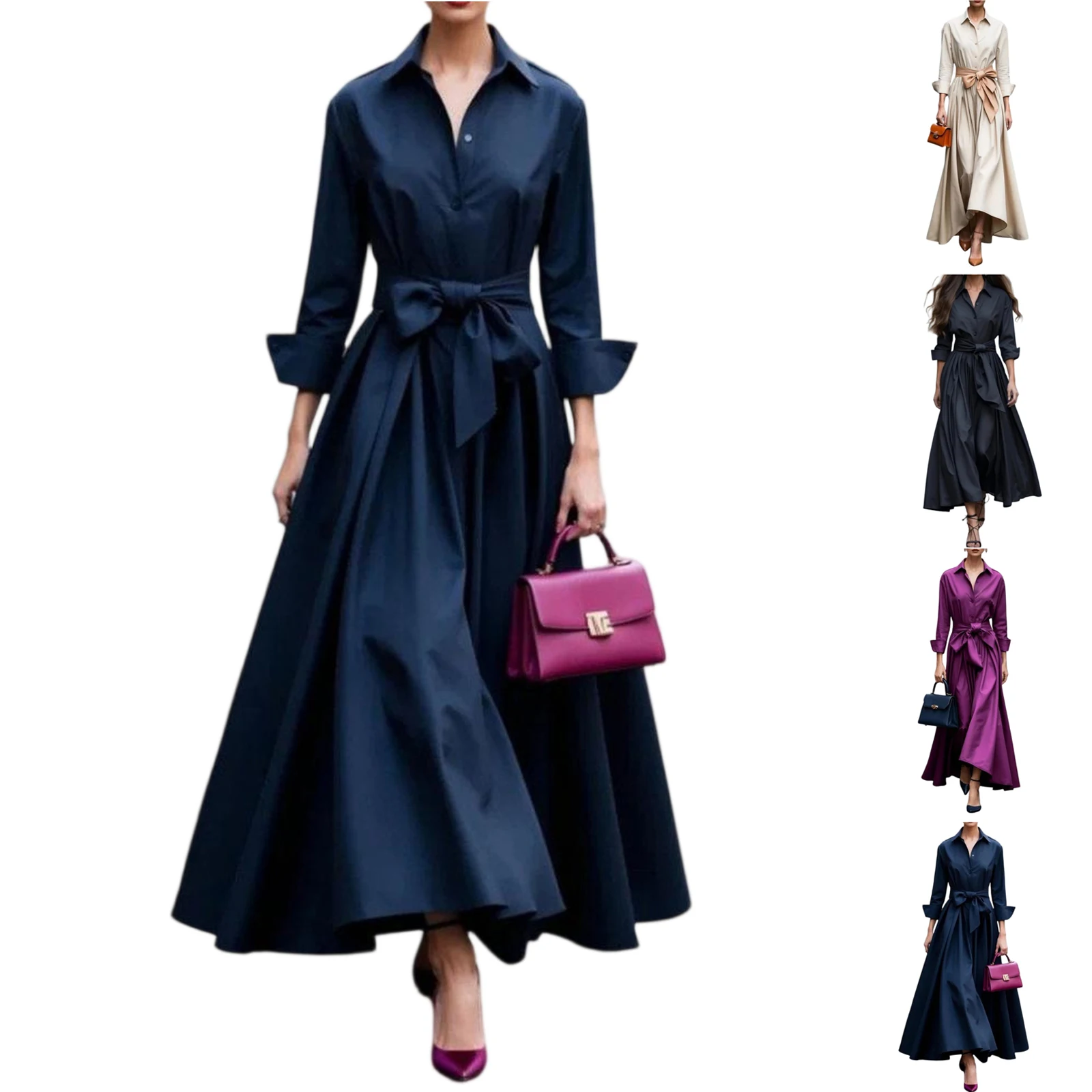 Robe longue tendance pour femmes à manches longues, col, couleur unie, taille nouée, style trench, robe élégante décontractée et confortable