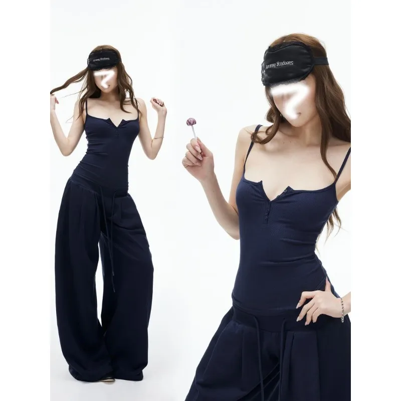 Four-color Classic Deep U-neck Open Buckle Sling + Drawstring Wide Waist Double Pleated Micro-mopping Trousers Two-piece Set