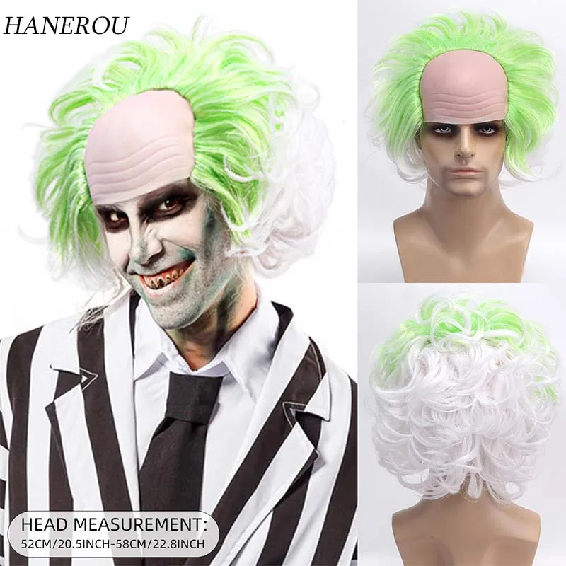 

Synthetic Short Curly Green Gradient White Wigs for Men Halloween Party Half Bald Old Props Wear Realistic Fake Hair