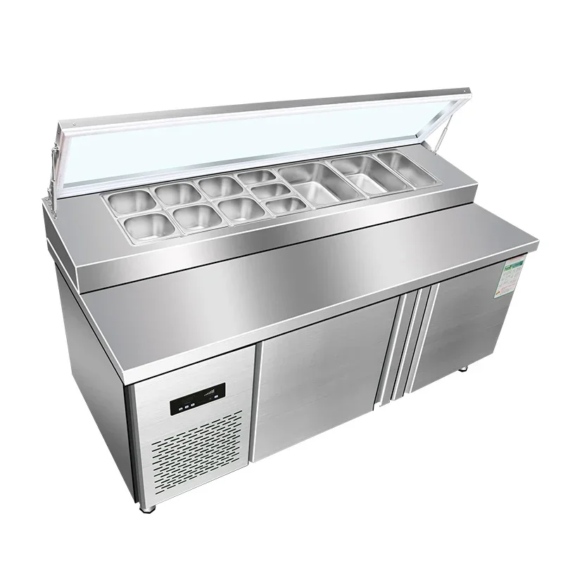 

Salad counter with refrigerated slotted work pizza sprinkle table fruit scoop freezer display cabinet