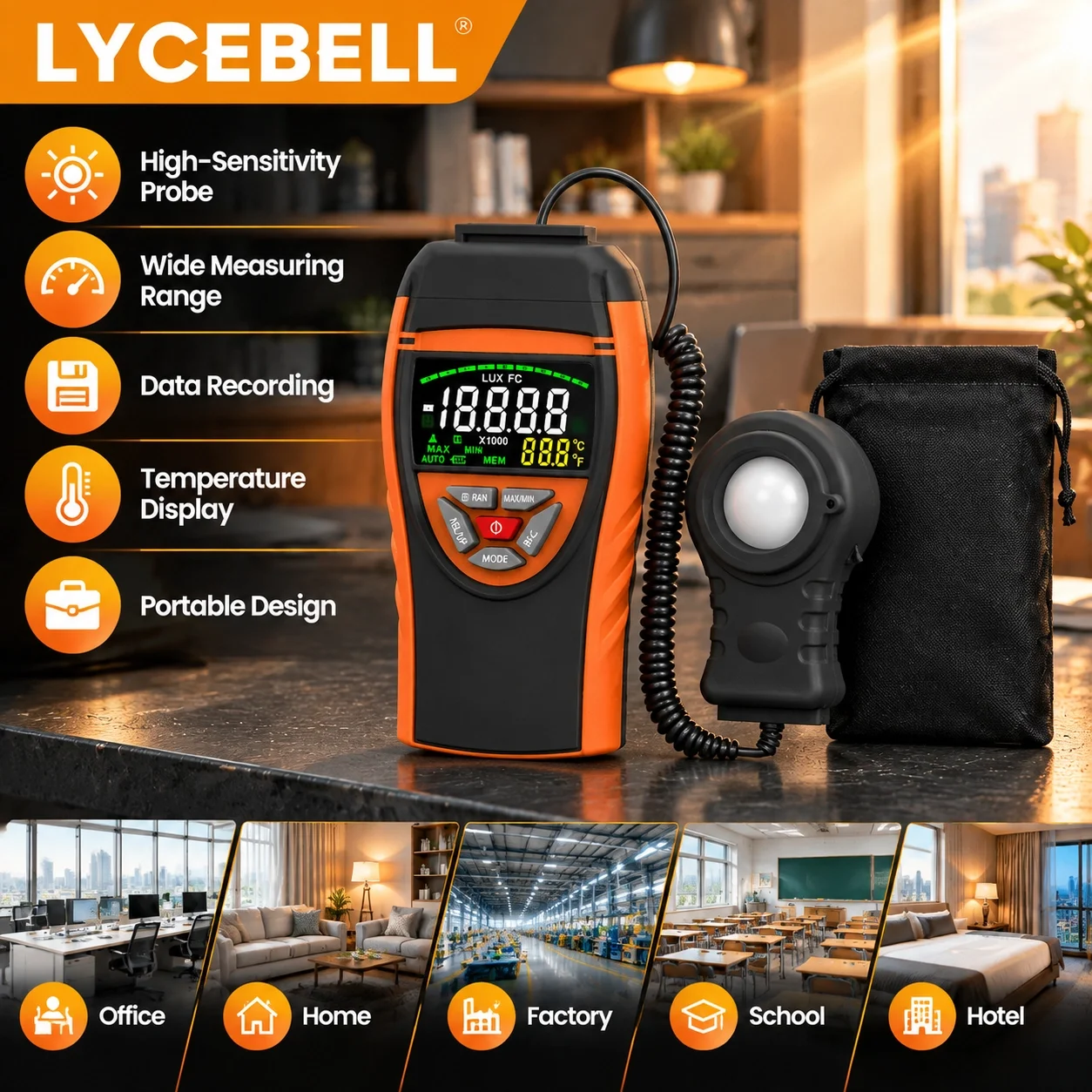HoldPeak 8801C Digital Lux Meter 1-400,000Lux 0.1Lux/Fc Accuracy ±4% Separate Probe Data Record MAX/MIN Temp
