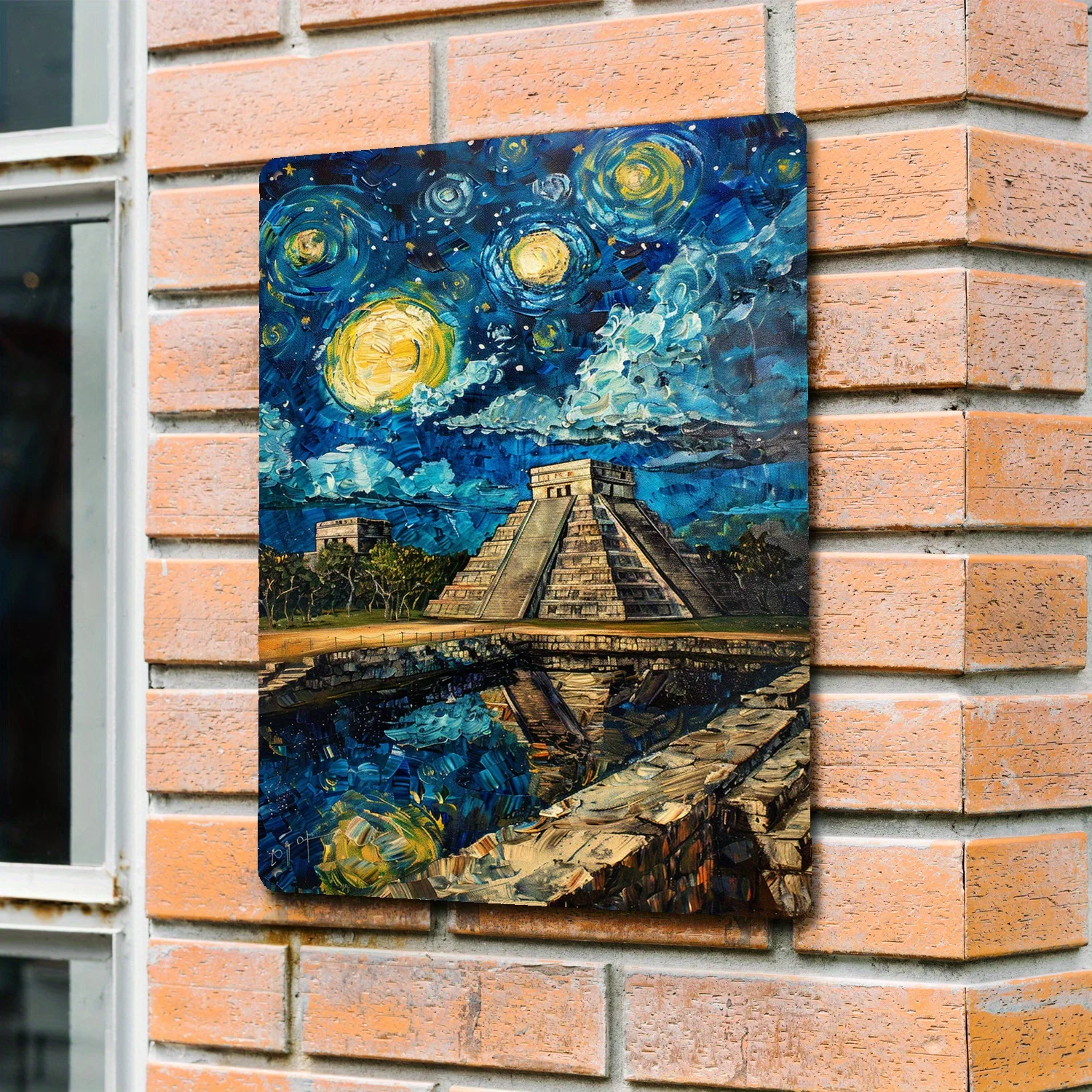 1pc Vibrant Chichen Itza & Starry Sky 20.32x30.48cm Aluminum Tin Sign - Waterproof, Corrosion-Resistant, Ideal for Ancient Civ