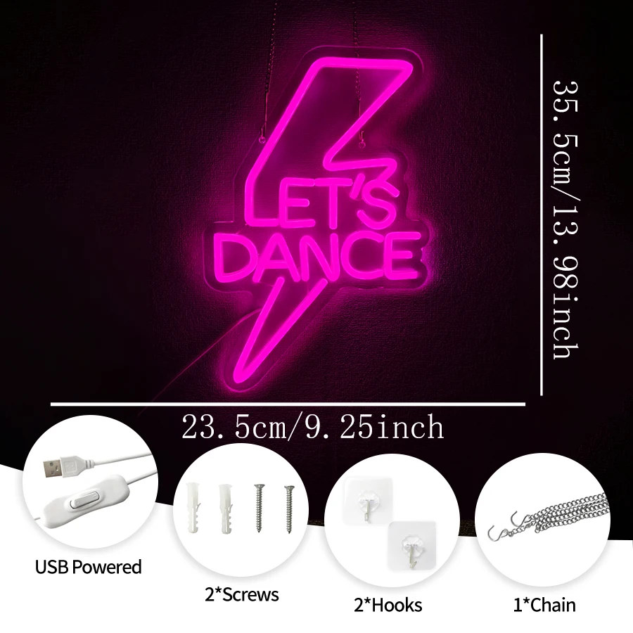Let's Dance Neon Sign Led Word Light Sign Lightning Bolt Neon Light for Bedroom Bar Wedding Birthday Dancing Party Decor