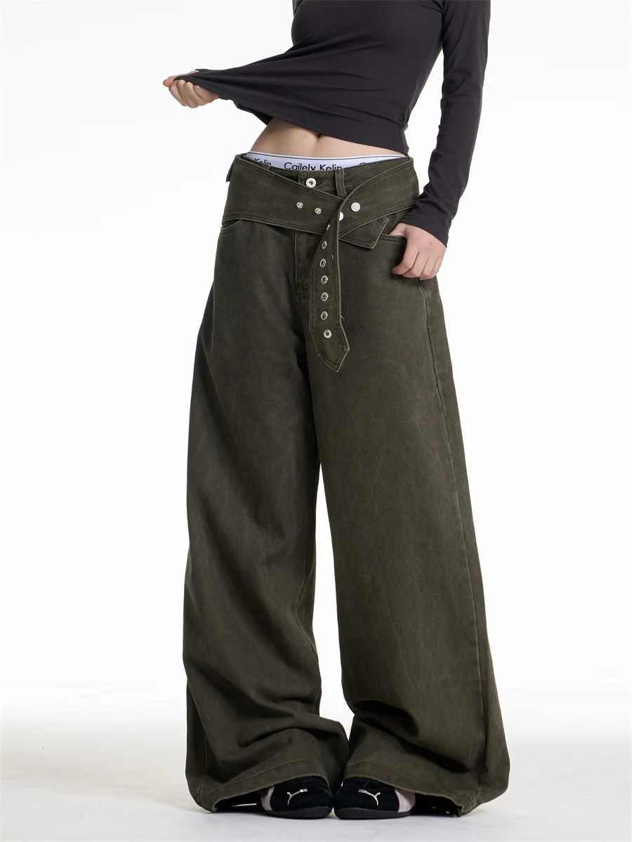 

High Waist Wide Leg Pants Women's Loose Decorative Belted Casual Trousers Vintage Style Autumn Winter Fashion Ladies' Pants