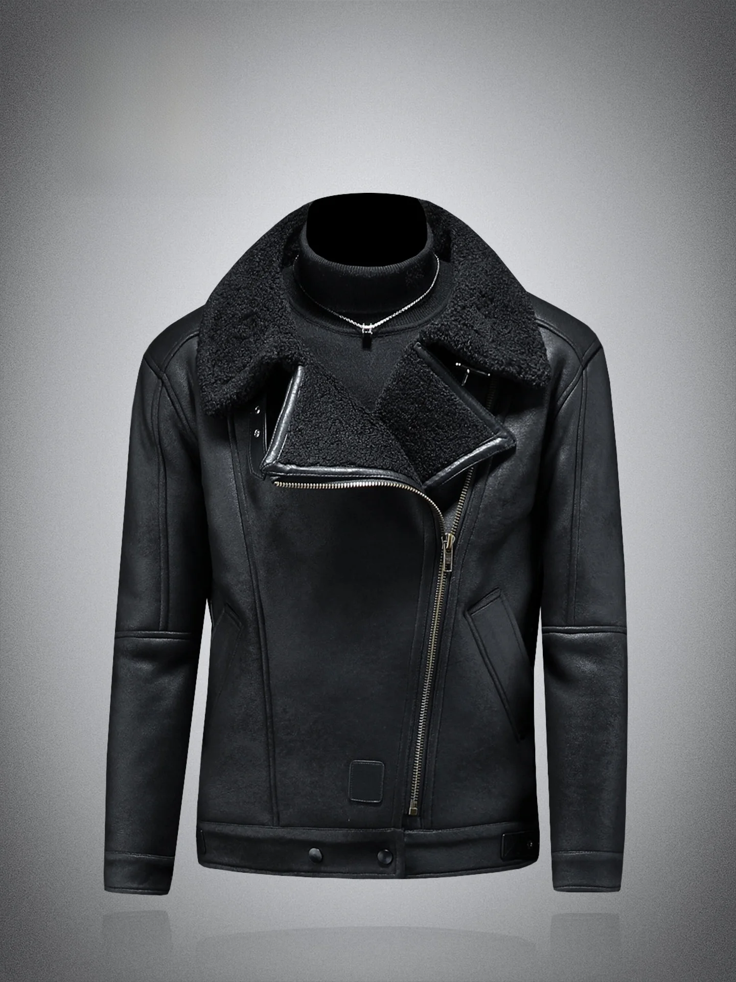 

Lamb Fur Jaet Men's Thiened Winter Warm Biker Zipper Collar Leather Coat Faion Urban Sle Stand Fit Youth Faion