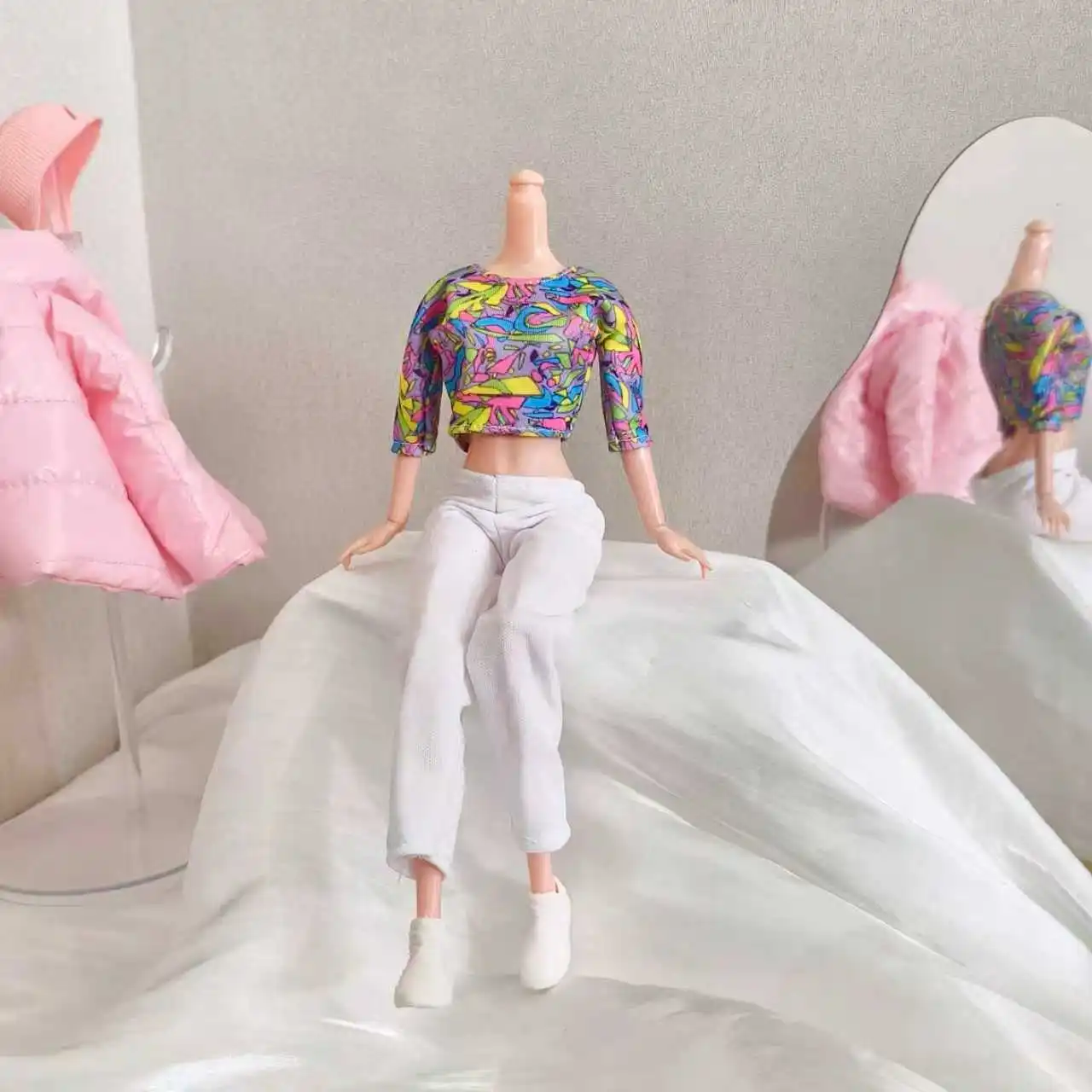 Fashion Winter Pink Down Jacket+Geometric Top+White Trousers Set For 1/6 Supermodel Doll Dress Up 30cm Doll Clothes Accessories