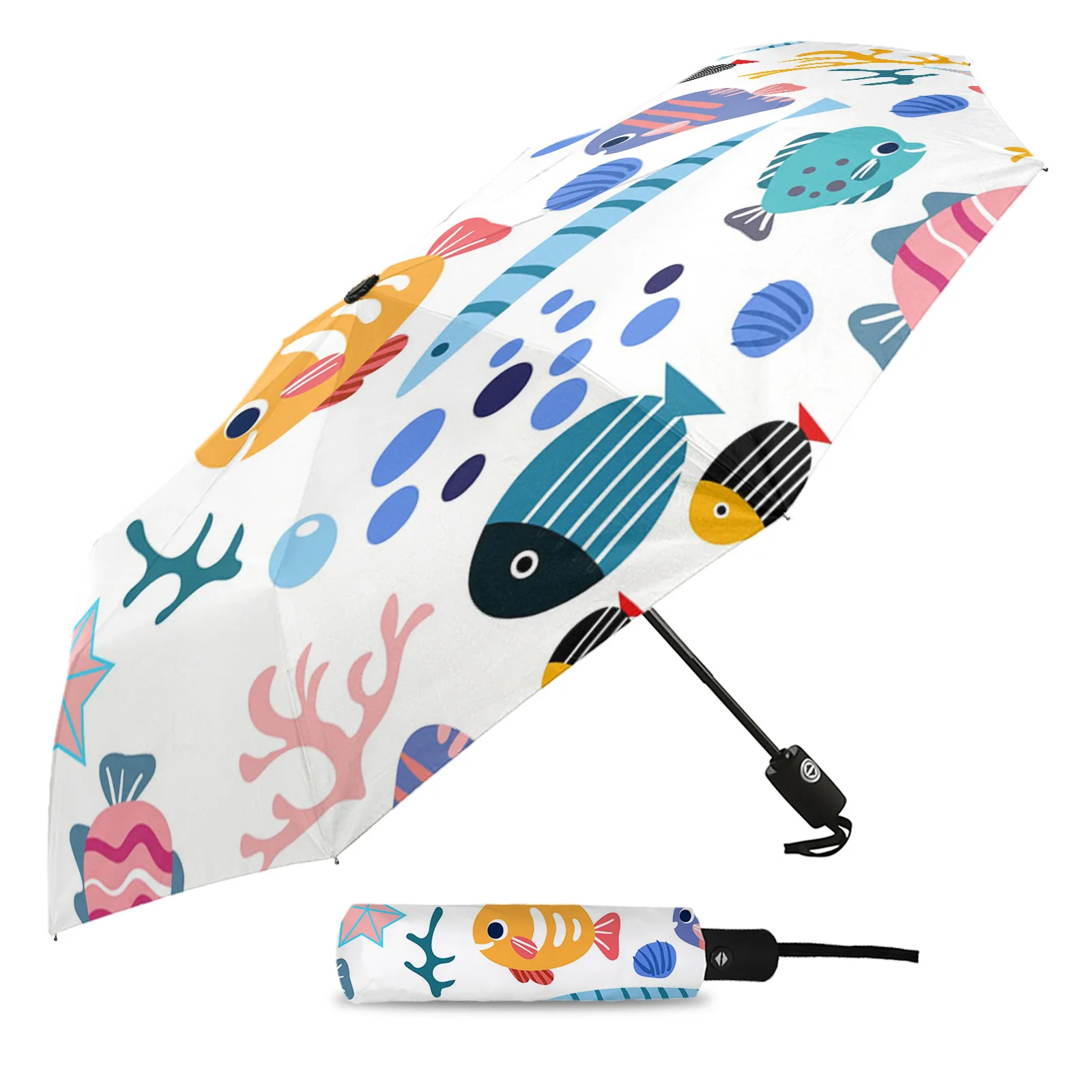 Cartoon Animals Fish Coral Shells Cute Fully-automatic Umbrella for Outdoor Kids Adults Umbrella Foldable Eight Strand Umbrella