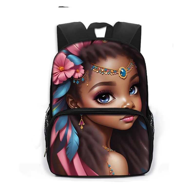 13 Inches Cute Afro Princess with Cat Dog Backpack African Girls School Bags for Teenagers Rucksack Kindergarten Bookbags Gift